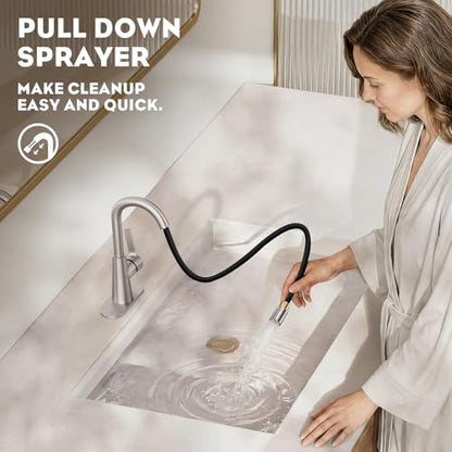 Tall Bathroom Faucets with Pull Down Sprayer, Brushed Nickel High Arc Single Handle Pull Out Faucet, 1 or 3 Hole Utility Sink Laundry Bar Faucet Pull Out with Deck Plate WE10CL-ZY-BN - color: Brushed Nickel