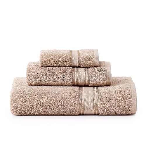 LANE LINEN Large Bath Towel Set Absorbent Quick Dry 100% Cotton - Taupe | Cotton Towels - Fade-Resistant Color, Classic Terry Weave, Densely Woven, Coordinated Colors, Dobby Border Accent - color: 08: Taupe, size: 3 Piece Towel Set
