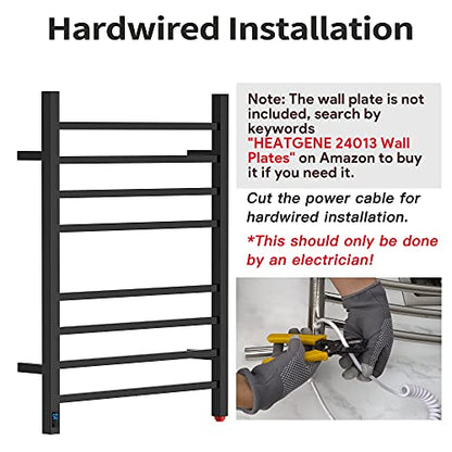 HEATGENE 8-Bar Square Towel Warmer, Heated Towel Rack, Timer, Matte Black | 8 Square Bars With Timer And Temperature Control, 304 Stainless Steel Construction, Plug-In Or Hardwired Installation - color: Matte Black