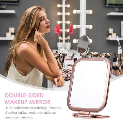 Amosfun Double Sided Makeup Mirror with Magnifying Side, Tabletop Folding Vanity Mirror for Bathroom Countertop and Vanities, Space-Saving Plastic Design in Stylish Golden Finish