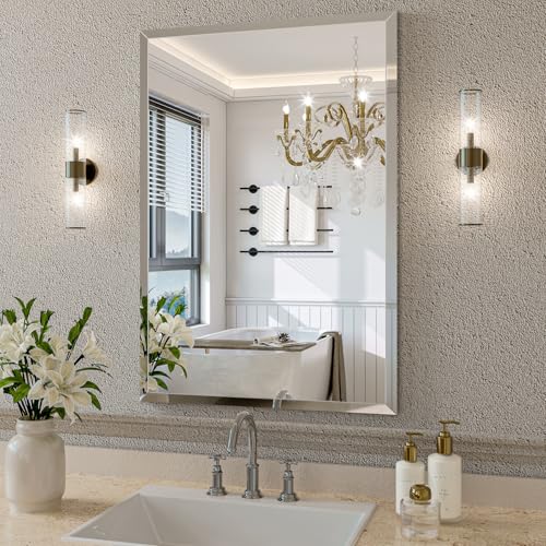 Frameless Bathroom Mirror, 18"x26" Beveled Bathroom Vanity Mirror | 15mm beveled edge, frameless, 5mm HD glass, anti-rust, french cleat, horizontally or vertically, for bathroom/bedroom - size: 18"L x 26"W