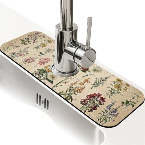 Kitchen Sink Splash Guard，Vintage-wildflowers Faucet Mat Sink Gadgets-Super Absorbent Fast Drying Mat Drip Catcher for Kitchen, Bathroom,Sink Mat, Dish Drying Mat, Bathroom(15" X 5.5" ) - color: Vintage-wildflowers