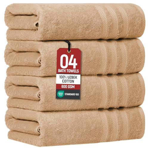 Bath Towels Set of 4 Extra Large Towels set, 30x60 In, 100% Uzbek Cotton 600 GSM Oeko-TEX Larger & Lighter Weight, Quicker to Dry Super Soft and Absorbent Perfect for Bathroom–Desert Beige - color: Beige