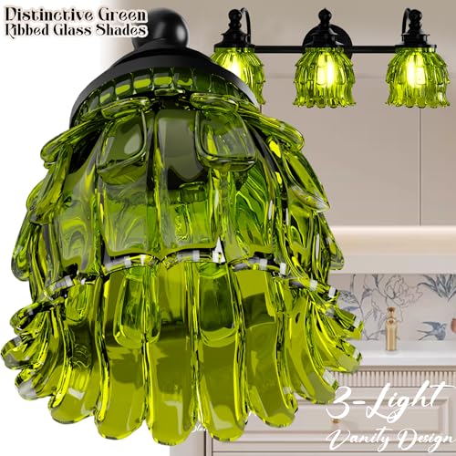 3-Light Bathroom Vanity Light Fixture Wall Mounted Mirror Front Lamp | with Water-Lily Shaped Green Crystal Glass Shade, Modern Black Antique Finish Lamp for Mirror Kitchen Living Room Hallway - size: 3-Light (Water-Lily Shaped)