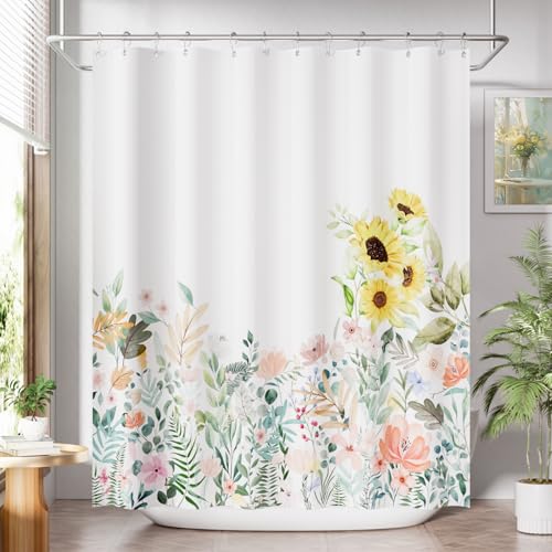 AmazerBath Floral Shower Curtain, Cloth Fall Flower Shower Curtains for Bathroom Decor, Rustic Washable Sunflower Eucalyptus and Leaves Fabric Shower Curtain Sets with 12 Metal Hooks, 72x72 Inches - color: C- Floral+12 Metal Hooks, size: 72"W x 72"L (Pack