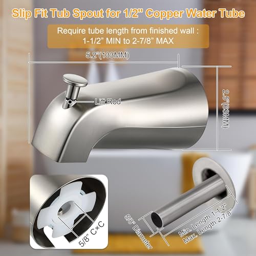 Diverter Tub Spout Compatible with Kohler GP85556-CP (Brushed Nickel) | Slip On Bathroom Bathtub Faucet Replacement for 1/2"Copper Water Tube, Metal Cover Ring and Foam Gasket Included - color: Brushed Nickel