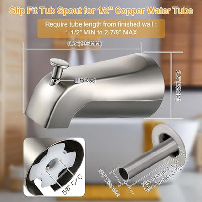Diverter Tub Spout Compatible with Kohler GP85556-CP (Brushed Nickel) | Slip On Bathroom Bathtub Faucet Replacement for 1/2"Copper Water Tube, Metal Cover Ring and Foam Gasket Included - color: Brushed Nickel