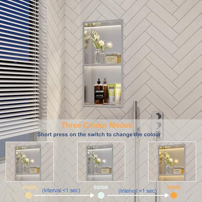 Brushed 2-Tier 3 CCT LED Niche, 12"x24" No-Tile Shower Storage | shower niche with 3-Temperature LED Strip Light (4000K/6000K/3000K),Waterproof, Sturdy&Durable,304 Stainless Steel Wall Niche - color: Brushed, size: 12X24In