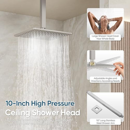 Nickel Shower System, Brushed Nickel Shower Faucet Set, 10'' Ceiling Shower Head, 6'' Wall Mounted Shower Head, 3 In 1 Push Button Shower Valve Kit, Waterfall ShowerHead with Handheld, Brushed Nickel - color: Brushed Nickel