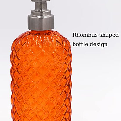 16 oz Diamond Pattern Glass Soap Dispenser, Kitchen and Bathroom Refillable Soap Dispenser with Rust Resistant Stainless Steel Pump for Hand Soap, Lotion Glass Liquid Dispenser (2pack) - color: Orange-2pack