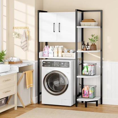 K2 Heavy Duty 7-Tier Over The Toilet Storage Cabinet（With Magnetic Doors & Adjustable Feet）Freestanding Above Toilet Shelf，Space Saver Bathroom Organizer 9.3"D x 31.5"W x 67.2"H，Beige White - color: White