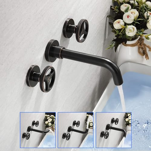 SKOWLL Wall Mount Bathroom Faucet, Industrial Look, Widespread Oil Rubbed Bronze Bathtub Faucet 2 Round Handle Vanity Sink Faucet with 360° Rotates Spout - color: Bronze