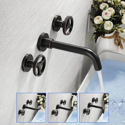 SKOWLL Wall Mount Bathroom Faucet, Industrial Look, Widespread Oil Rubbed Bronze Bathtub Faucet 2 Round Handle Vanity Sink Faucet with 360° Rotates Spout - color: Bronze