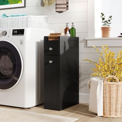 Giantex Slim Bathroom Storage Cabinet, Space-saving Toilet Side Cabinet with Slide-out Drawers on 3 Wheels, Freestanding Narrow Toilet Paper Holder for Living Room, Laundry Room, Compact Space (Black) - color: Black