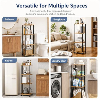 4-Tier 38.2" Tall Rustic Brown Bathroom Shelving Unit with Wheels | Wood Finish, Metal Frame, Rolling Narrow Open Shelf Design, for Laundry Room, Kitchen, Living Spaces, Easy to Move - color: Rustic Brown, size: 4-Tier