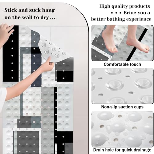 Black White Bath Tub Mat Non Slip, Modern Geometric Large Washable Shower Mats with Drain Holes and Suction Cups,40 X 16 Inch - color: Black White