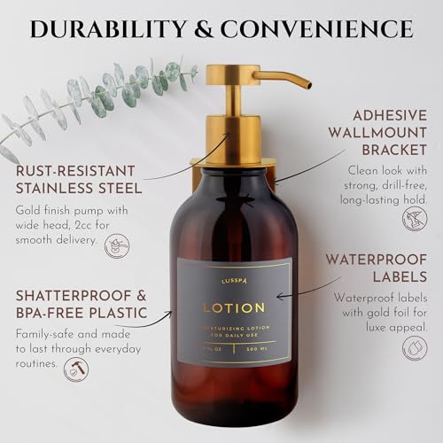 Shower Shampoo Dispenser Wall Mounted – 3 Refillable 16.9 oz Amber Bottles with Stainless Steel Pumps & No-Drill Adhesive Holders – Soap Dispenser Set for Bathroom (3 X Amber/Gold) - color: 3 X Amber/Gold