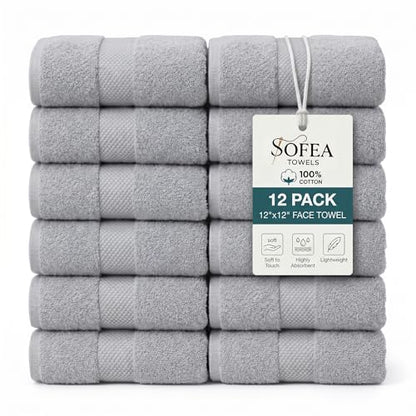 Sofea 100% Cotton Washcloths Set of 12, (12 x 12 Inch) 520 GSM Wash Cloths, Extra Soft Absorbent Quick Dry Face Towels - color: Light Grey