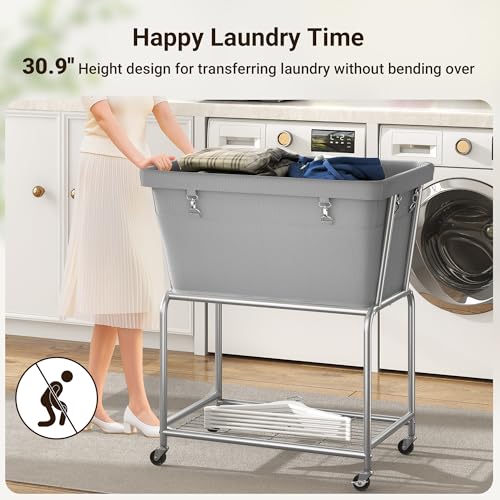 ELYKEN Rolling Laundry Hamper with Wheels, Removable Bag, Laundry Cart | 32-Gallon (122L), 2-Tier Clothes Basket with Shelf, Metal Frame, Ideal for Closet, Bedroom, Bathroom & Laundry Room, Gray - color: Gray, size: 27.4"L x 19.9"W x 30.9"H