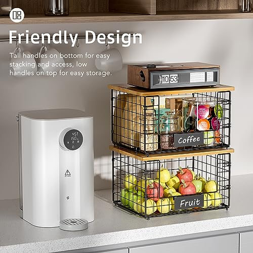 2 Pack Stackable Wire Baskets with Bamboo Top,Pantry Organizers Counter | Potato and Onion Storage Bin with Labels & 2 Pads, Kitchen Organization for Fruit, Vegetable, Produce, Bread, Cabinet - size: XXL-15.2x11.02x9.84