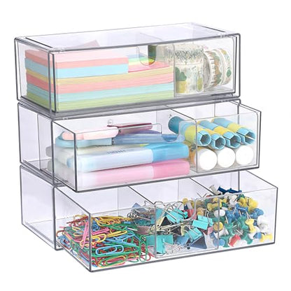 Acrylic Pencil Drawer with Removable Dividers Clear Pull Out Pen Drawer Organizer Stackable Bathroom Organizer for Makeup, Cosmetics, Office Supplies,3 Pack