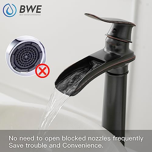 BWE Bathroom Vessel Sink Faucet Waterfall Spout Single Handle One Hole | Oil Rubbed Bronze Tall Vessel Lavatory Vanity Bathroom Faucet with Pop Up Drain and Supply Hose,Solid Brass,Deck Mount - color: Oil Rubbed Bronze, size: 11.81 inch Vessel Version