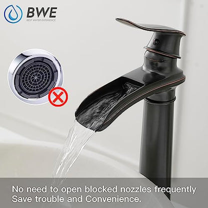 BWE Bathroom Vessel Sink Faucet Waterfall Spout Single Handle One Hole | Oil Rubbed Bronze Tall Vessel Lavatory Vanity Bathroom Faucet with Pop Up Drain and Supply Hose,Solid Brass,Deck Mount - color: Oil Rubbed Bronze, size: 11.81 inch Vessel Version