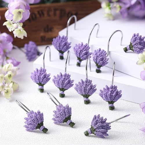 12 Pcs Lavender Shower Curtain Hooks Purple Floral Decorative Hooks Rings Bulk Cute Hanger Stainless Steel Resin Spring Flower Themed Shower Hook for Bathroom Bedroom Home Living Room Decor - style: Lavender