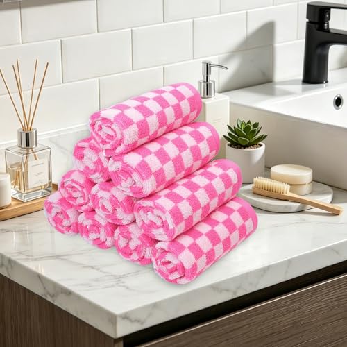Pink Checkered Washcloths 12 Pack, Cotton Face Cloths for Bathroom | 13" x 13" Aesthetice Wash Cloths - color: Pink