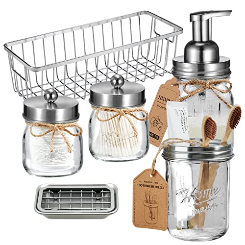 SheeChung Glass Mason Jar Bathroom Accessories Set, 6Pcs Farmhouse Decor | Brushed Nickel Countertop Set, Soap Dispenser, Toothbrush Holder, Qtip Holder, Soap Dish, Wire Basket, Stainless Steel - color: Brushed Nickel