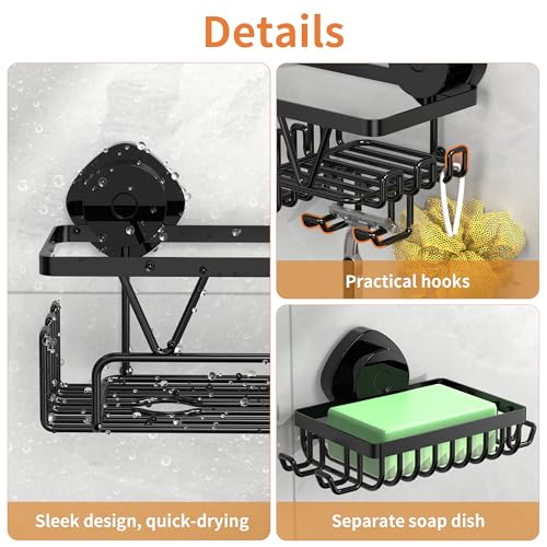ZUNTO Suction Cup Shower Caddy - 3pcs Reusable Shower Shelf Organizers with Soap Holder and Hooks - No Drilling Bathroom Shelves for Shampoo