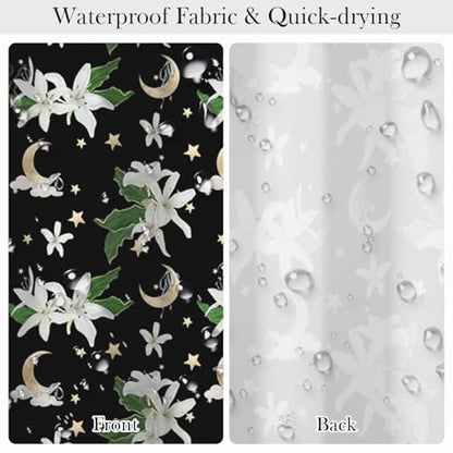 Celestial Floral Shower Curtain 71x74 Inch, Black Boho Moon and Stars Printed Bathroom Shower Curtain with Rust-Proof Hooks, Dark Gothic Style Waterproof Fabric Bath Tub Curtain - color: Floral-q