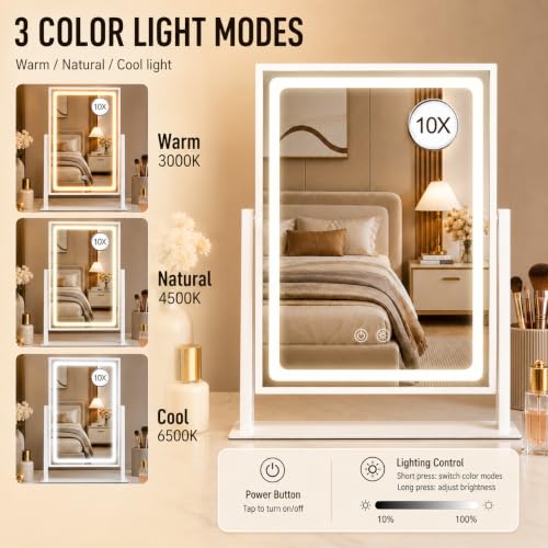 Vanity Mirror with Lights - 13.78"× 10.23" Adjustable Lighted Makeup Mirror for Desk, Detachable 10X Magnification Mirror, Touch Sensor, Desk Mirror for Bedroom & Dressing Room (White)