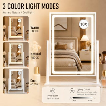 Vanity Mirror with Lights - 13.78"× 10.23" Adjustable Lighted Makeup Mirror for Desk, Detachable 10X Magnification Mirror, Touch Sensor, Desk Mirror for Bedroom & Dressing Room (White)