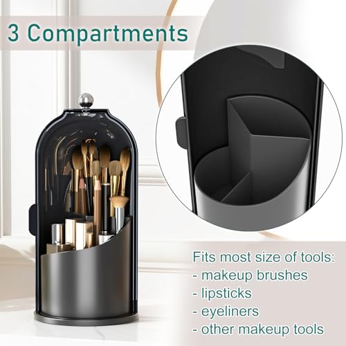 GAXmi Makeup Brush Holder with Lid Rotating Cosmetic Organizer, Dark Black | 360 Rotation, Waterproof, Dustproof, Moistureproof - color: Dark Black