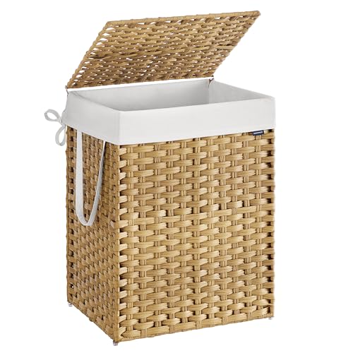 SONGMICS Laundry Hamper with Lid, 29 Gal (110 L) Synthetic Rattan,Foldable | Clothes Laundry Basket with Handles, Removable Liner, Goose Yellow, ELIOTT Collection ULCB152Y01 - color: Goose Yellow, size: 110 L