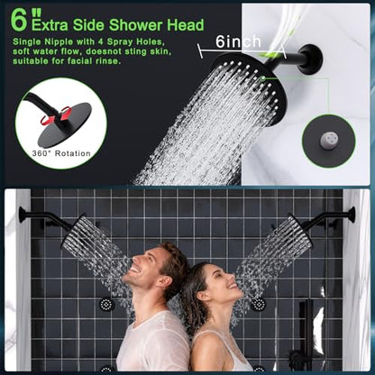 HOMEDEC 16" Round Rain Shower System with Dual 6" Wall Mounted Shower Head, 5 Way Shower Valve with 2-Function Handheld Shower and Body Jets, Black - color: Black, style: 5-Way + 2x 6" Top
