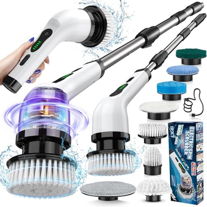 Electric Spin Scrubber, IPX7 Cordless Power Cleaning Brush, Dual Speed Electric Shower Scrubber with 8 Brush Heads, USB-C Charging and Retractable Handle for Tile & Bathtub