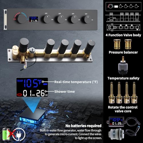 Bathroom Shower System,4 Functions Digital Temperature Display Diverter Valve,Ceiling 14x20" 2-Function Shower Head and 8 inch Wall Mounted Shower Head Combo,Handheld Shower Matte Black - color: Matte Black