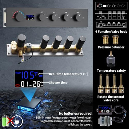 Bathroom Shower System,4 Functions Digital Temperature Display Diverter Valve,Ceiling 14x20" 2-Function Shower Head and 8 inch Wall Mounted Shower Head Combo,Handheld Shower Matte Black - color: Matte Black