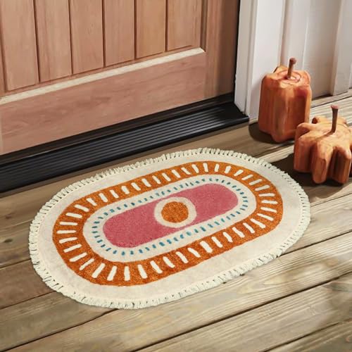 Lukinbox Boho Bathroom Rugs with Fringes, 2x3 Small Oval Washable Sun Area Rug for Bedroom, Ultra Soft Non-Slip Rainbow Throw Rug for Kids Room Nursery Entryway Kitchen - size: 2' x 2'11" (Oval)
