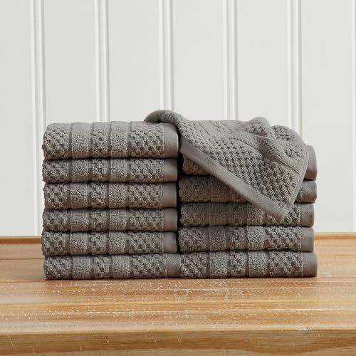 Great Bay Home 100% Cotton 12 Pack Washcloth Set - Absorbent, Quick-Drying, Checkered Jacquard Bath Towels for Bathroom - Zero-Twist Fibers (Dark Grey) - color: Dark Grey, size: Washcloth (Pack of 12)