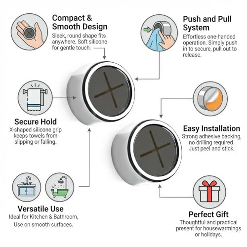 Round Adhesive Push Towel Hooks for Kitchen & Bathroom, Grey, 2 Pack – Self Adhesive Wall Hooks for Hand & Dish Towels, No Drill or Screw Mount Options