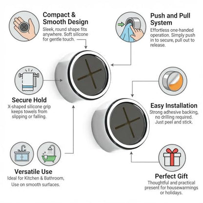 Round Adhesive Push Towel Hooks for Kitchen & Bathroom, Grey, 2 Pack – Self Adhesive Wall Hooks for Hand & Dish Towels, No Drill or Screw Mount Options