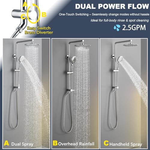 SonTiy 9" Shower Head with Handheld Spray, Rain Shower Heads System, 5 Spray Mode Handheld, Modern Shower System with Easy Reach Diverter, 72'' Hose and Height Adjustable Holder, Chrome - color: Chrome, style: 2.5 Gallons Per Minute-Round