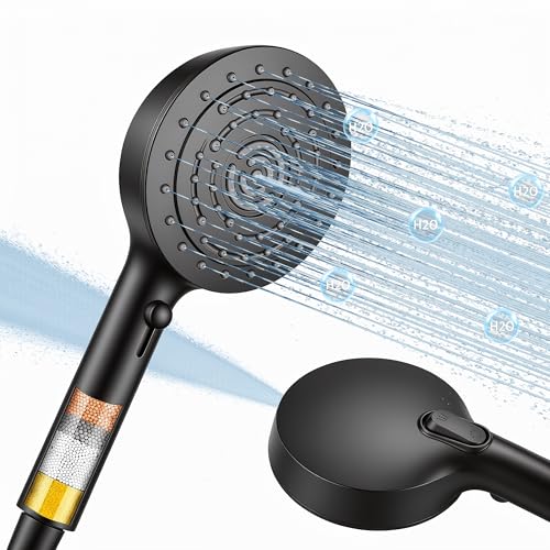 Handheld Filter Shower Head, High Pressure for Hard Water, Chrome Black | 7 Spray Mode 5" Panel, Protect Hair and Soothe Dry Skin,Water Softener Filter Beads, Anti Clogging Nozzle is Easy to Clean - color: Black