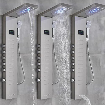 Stainless steel rain shower panel LED waterfall body Jets tower system