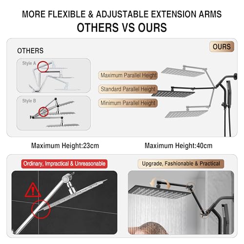 All Metal 12 Inch Rain Shower Head with Handheld Built-in Power Wash Mode, High Pressure Waterfall Rainfall Square Shower Heads with 16" Adjustable Extension Arm, Dual Showerhead, Matte Black - color: Matte Black, size: 12 Inch