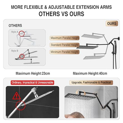 All Metal 12 Inch Rain Shower Head with Handheld Built-in Power Wash Mode, High Pressure Waterfall Rainfall Square Shower Heads with 16" Adjustable Extension Arm, Dual Showerhead, Matte Black - color: Matte Black, size: 12 Inch