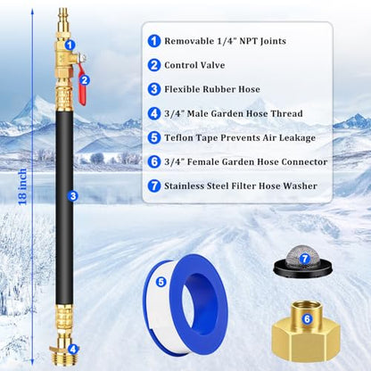 RV Winterizing Blowout Adapter Kit with Valve for Sprinkler Camper | Air comp quick connect plug,3/4" garden hose faucet,antifreeze for motorhomes/boats/travel trailers, brass,lead-free,18"